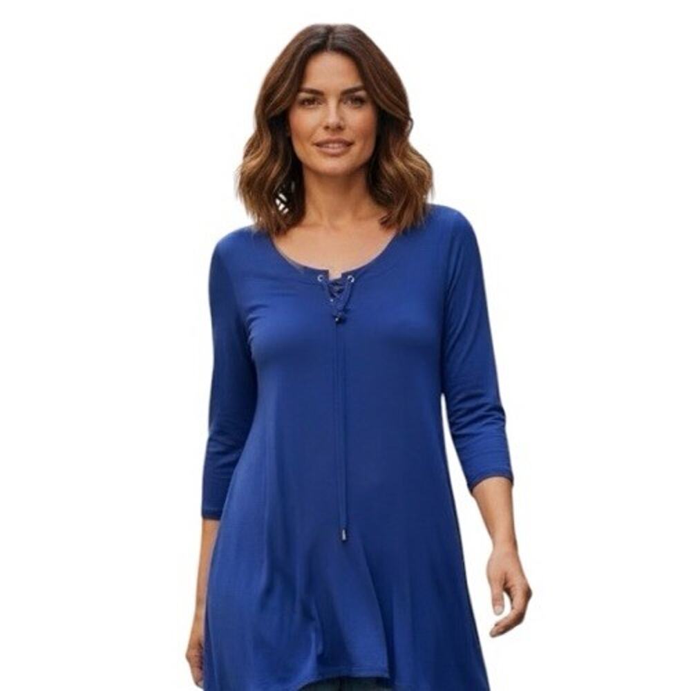 Cupio Cobalt Blue Long Sleeve Tunic Top Bohemian Grommet Tie Detail Women’s MED